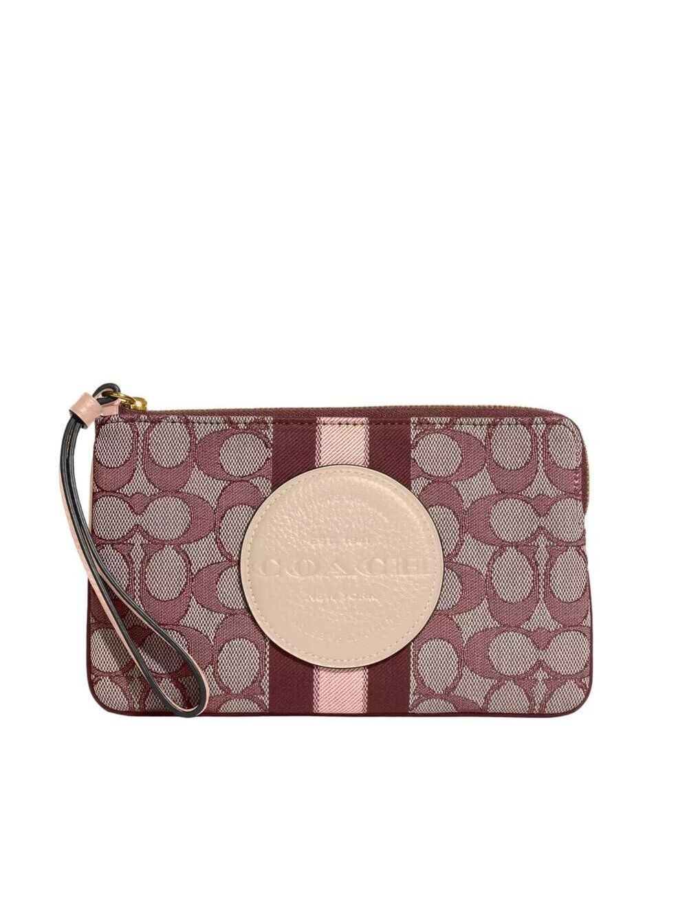COACH DEMPSEY LARGE CORNER ZIP WRISTLET WALLET SIGNATURE JACQUARD COACH PATCH